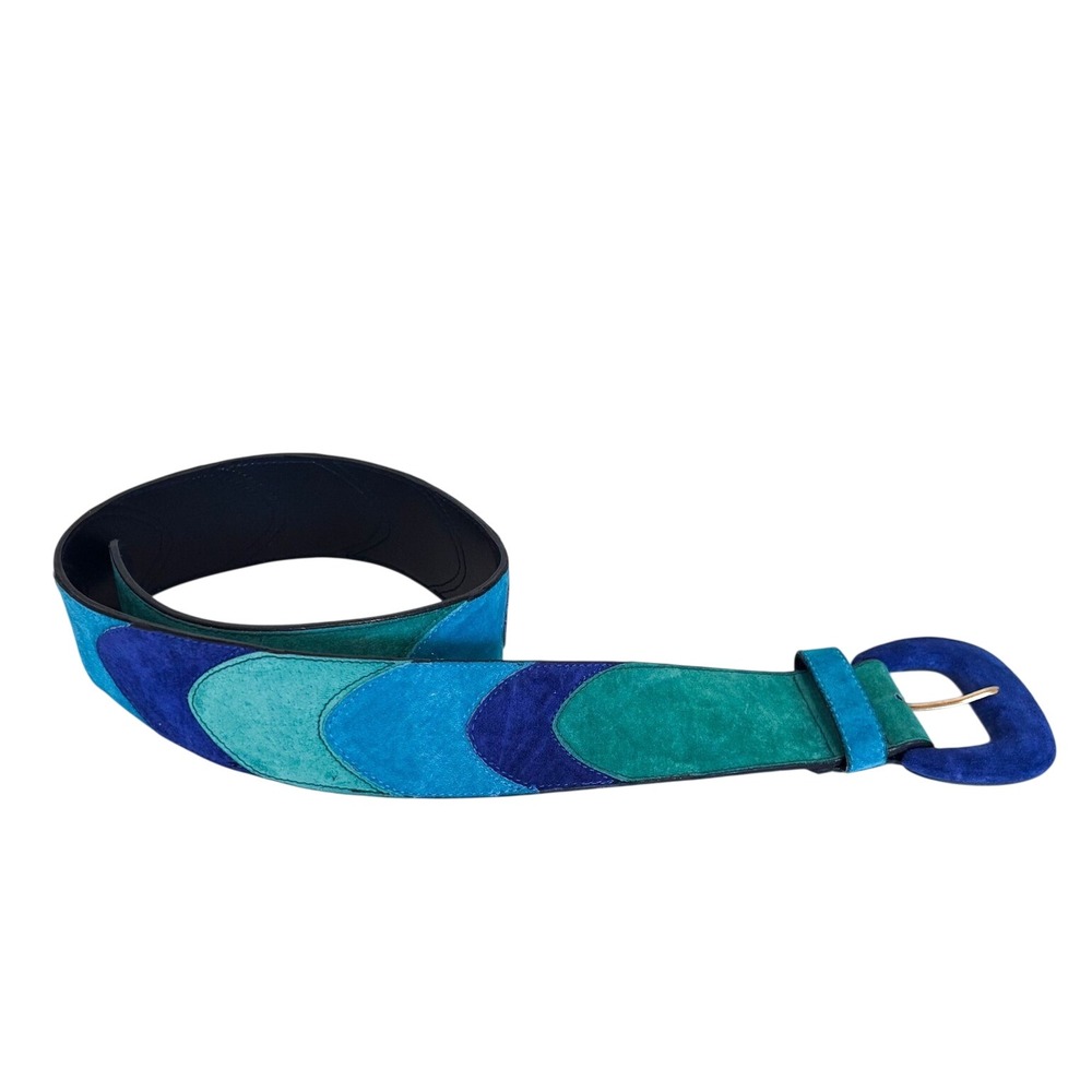 Express Vintage 80s Colorblock Suede Belt Small Blue Green Statement Artsy Funky